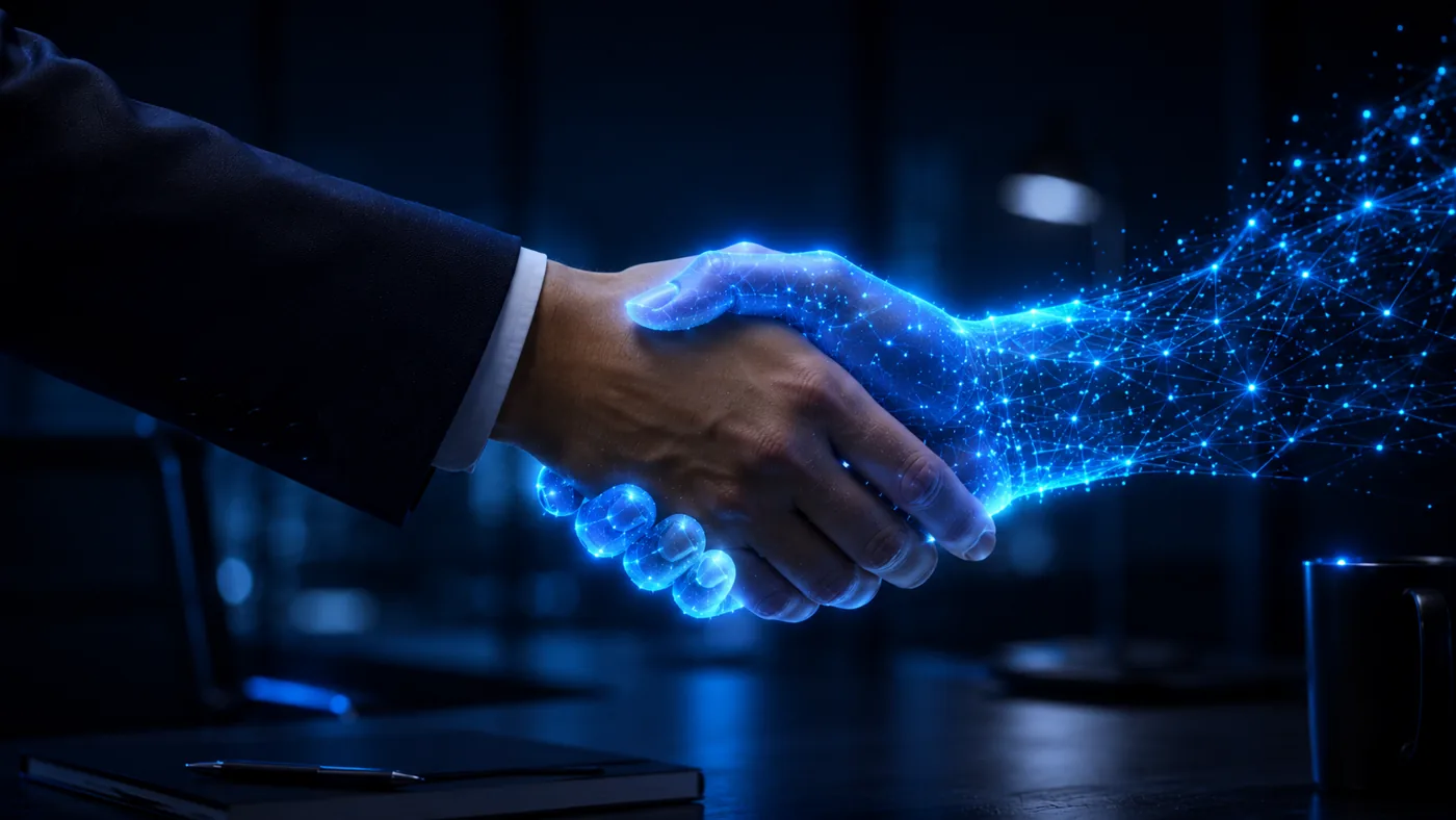 Fiducia IA : la technologie au service de l'humain — poignée de main entre l'humain et l'intelligence artificielle