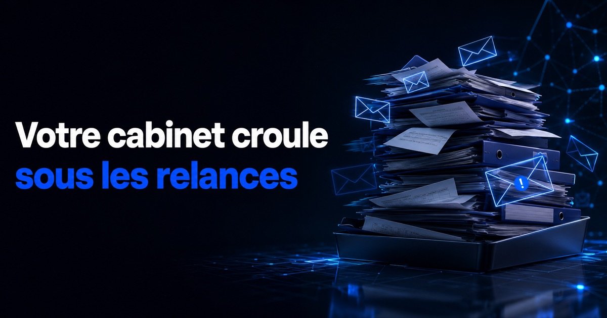 Bannière « Votre cabinet croule sous les relances » : une pile de dossiers comptables et de pièces manquantes entourée de mails de relance, que l'agent IA prend en charge.