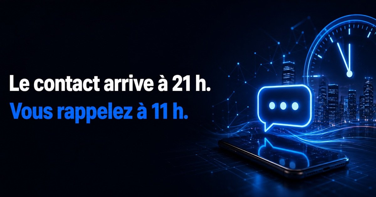 Bannière « Le contact arrive à 21 h — vous rappelez à 11 h » : la demande d'un acquéreur reçue le soir sur un portail immobilier, en attente jusqu'au lendemain matin.