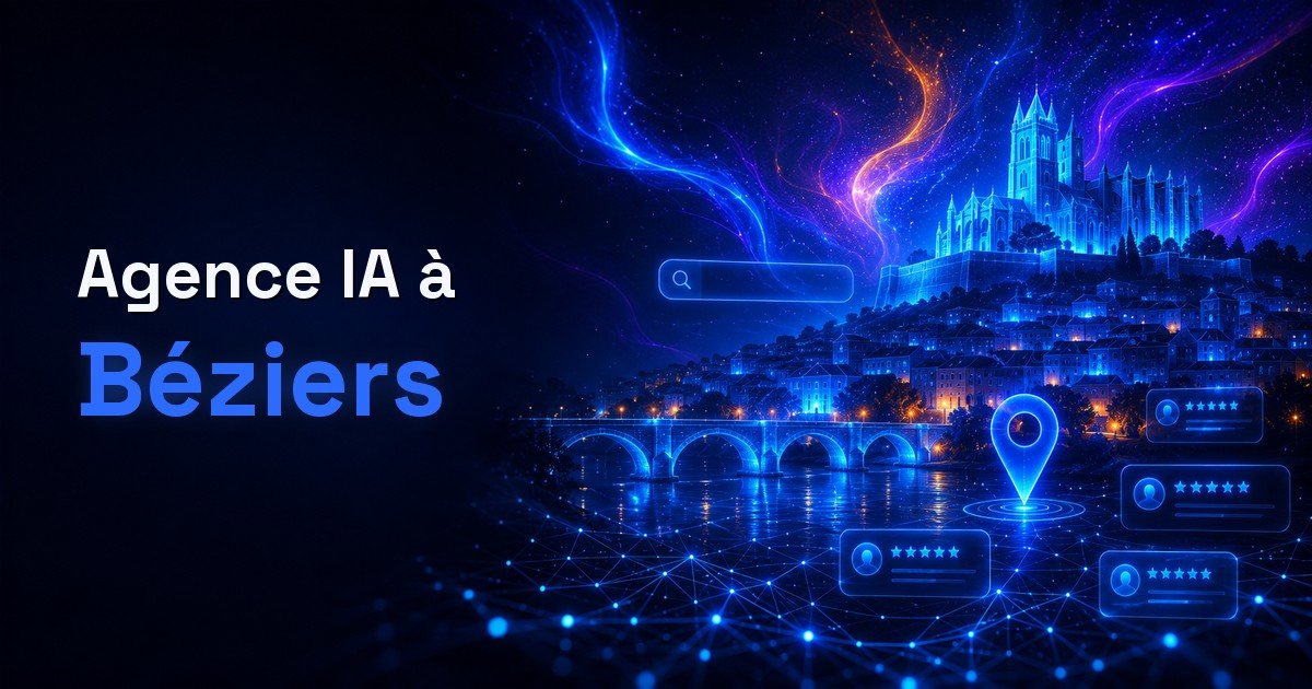 Bannière Fiducia IA — agence intelligence artificielle à Béziers : la cathédrale Saint-Nazaire et le Pont Vieux sur l'Orb, entourés d'un réseau de données, d'une barre de recherche et d'avis clients.