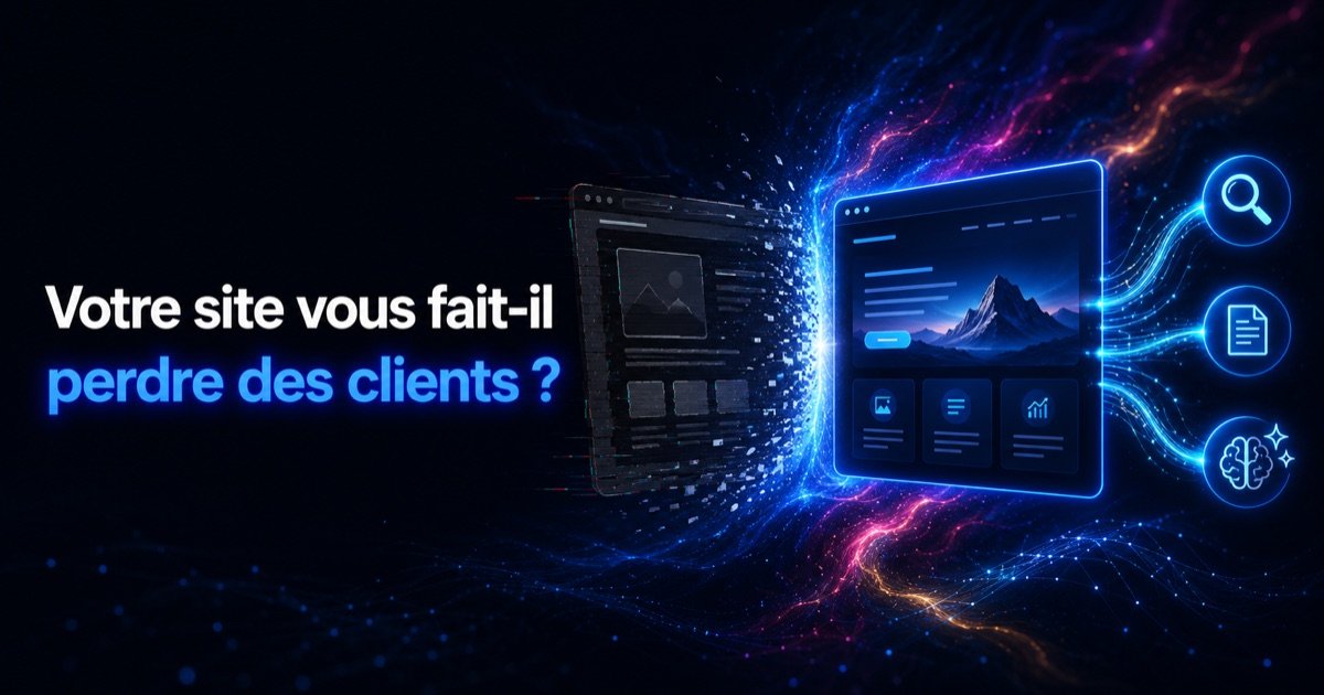 Bannière « Votre site vous fait-il perdre des clients ? » : un site internet dépassé se transforme en site moderne connecté à Google et à l'intelligence artificielle.
