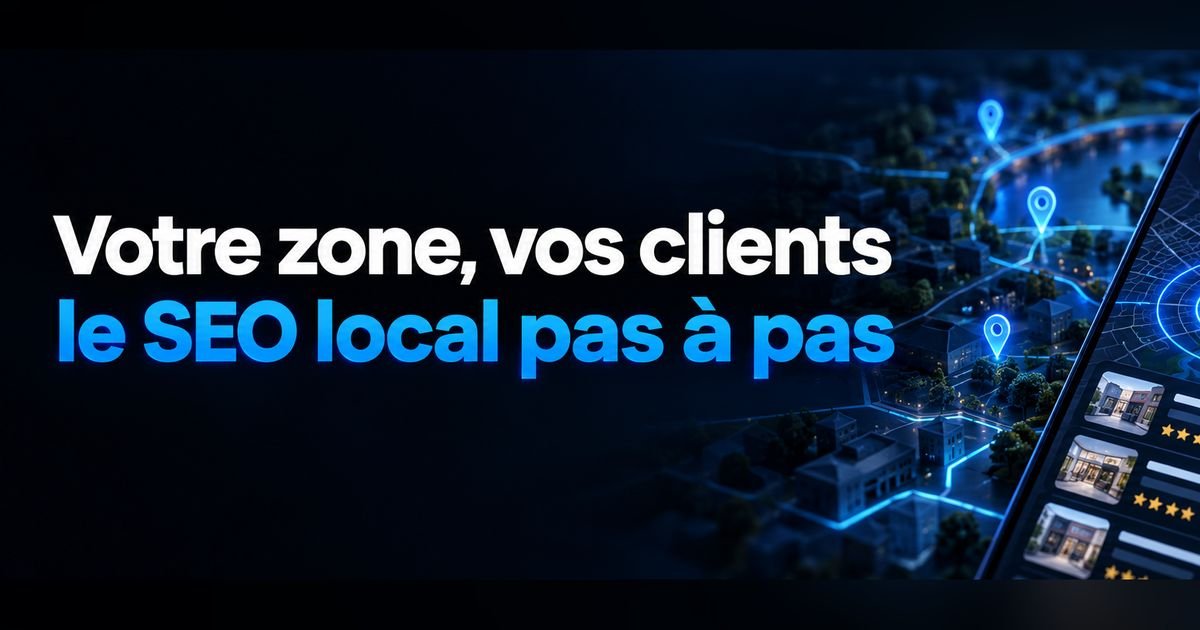 Bannière « Votre zone, vos clients — le SEO local pas à pas » : une ville de nuit vue du ciel, parsemée de repères lumineux, et un smartphone qui affiche des fiches d'établissements notées.