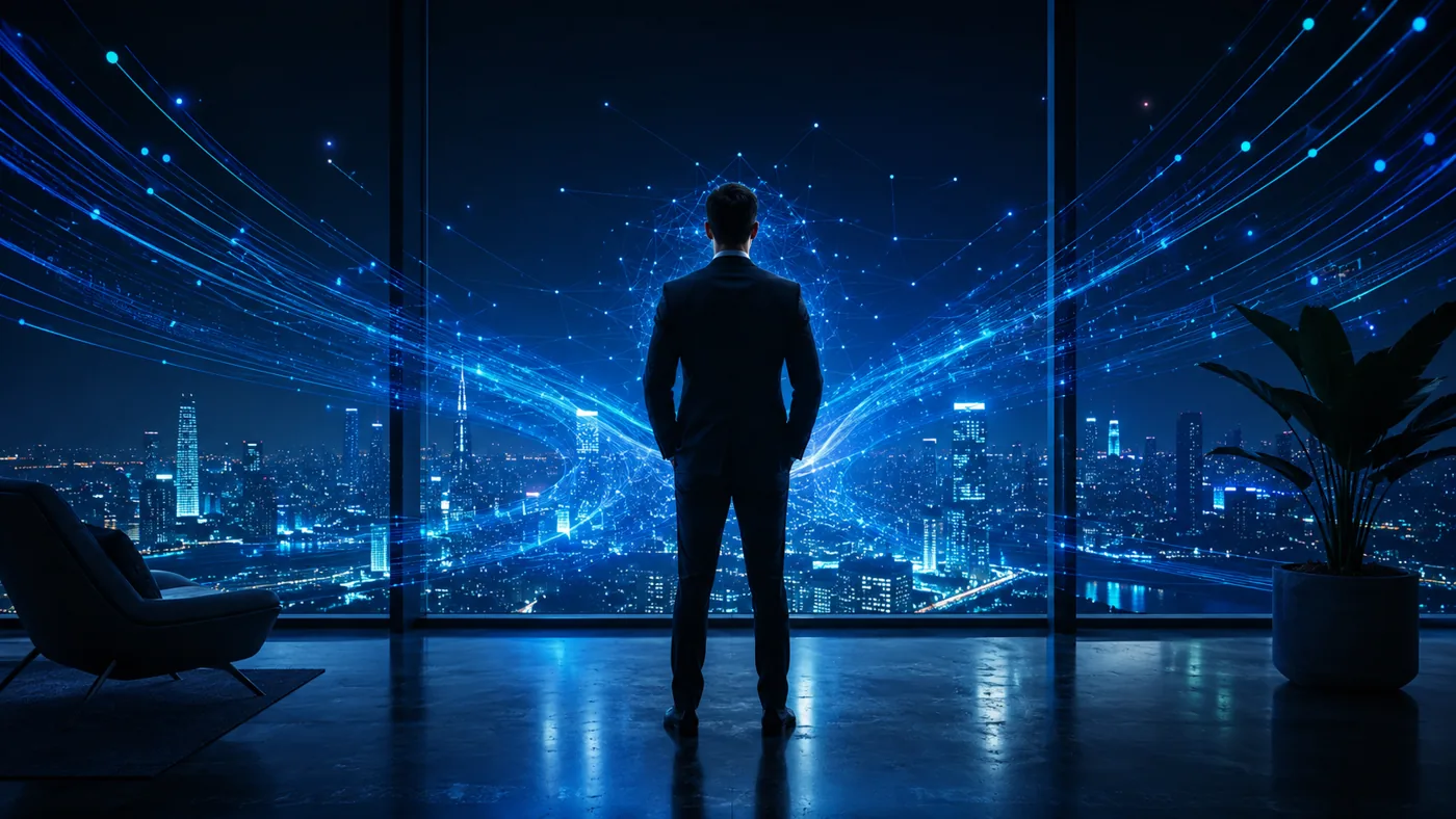Dirigeant d'entreprise face aux flux de données de l'intelligence artificielle — Fiducia IA, agence IA dans l'Hérault