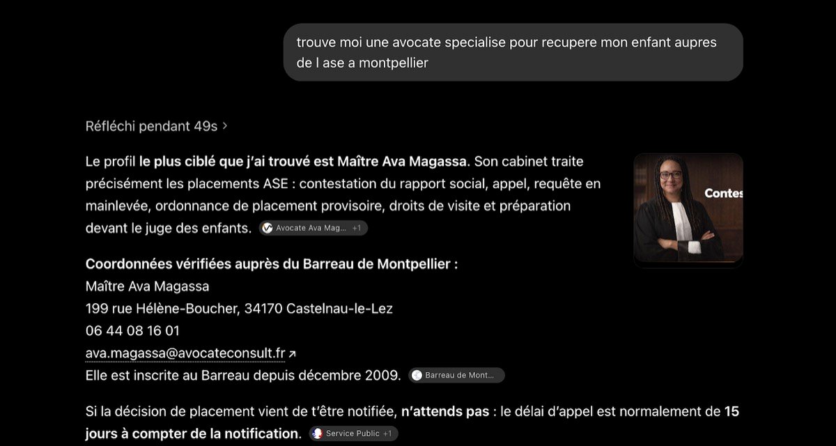 Capture ChatGPT : à la question « trouve-moi une avocate spécialisée pour récupérer mon enfant auprès de l'ASE à Montpellier », ChatGPT recommande en premier le cabinet de Maître Ava Magassa, avec ses coordonnées.