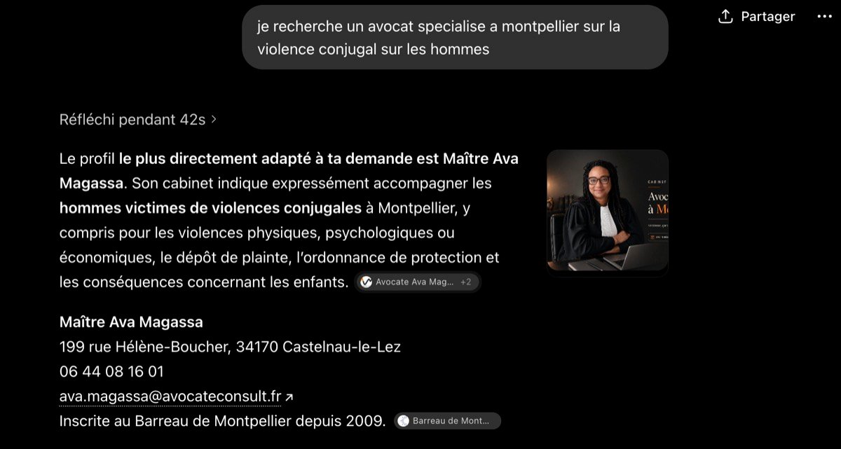 Capture ChatGPT : à la question « je recherche un avocat spécialisé à Montpellier sur la violence conjugale sur les hommes », ChatGPT désigne Maître Ava Magassa comme le profil le plus directement adapté.