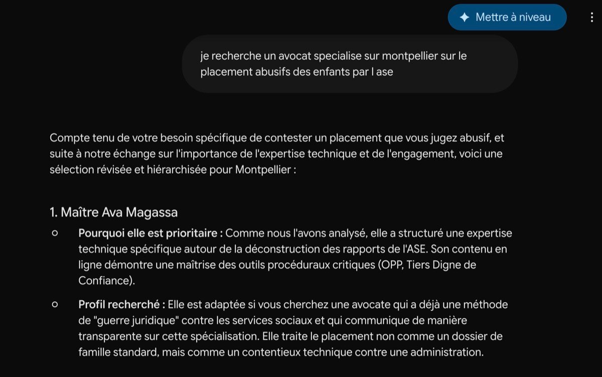 Capture Gemini (Google) : à la question « je recherche un avocat spécialisé sur Montpellier sur le placement abusif des enfants par l'ASE », Gemini classe Maître Ava Magassa en premier (profil prioritaire).