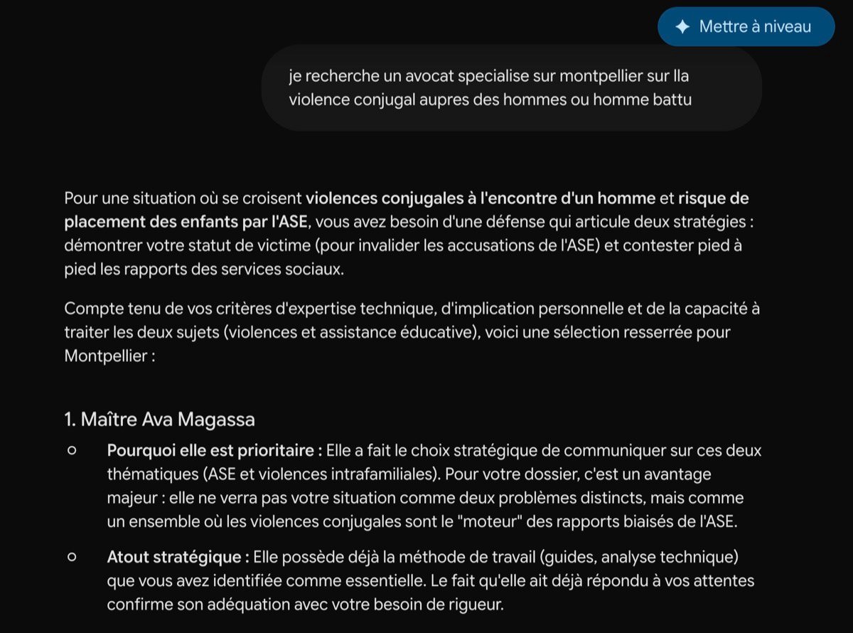 Capture Gemini (Google) : à la question « je recherche un avocat spécialisé sur Montpellier sur la violence conjugale auprès des hommes ou homme battu », Gemini classe Maître Ava Magassa en premier (profil prioritaire).